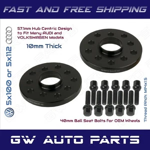 2pc 10mm 5x100/5x112 Audi Volkswagen Hub Centric Wheel Spacer Kit Ball Lug Bolt - Picture 1 of 2