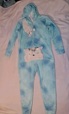 Justice Girls 20 Plus Blue Arctic Fox Kangaroo Pocket Footless One Piece Pajamas - Image 1 of 4