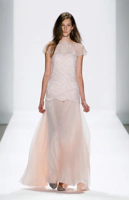 Vestido social Tadashi Shoji bordado tule seda chiffon rosa pálido - Imagem 1 de 4