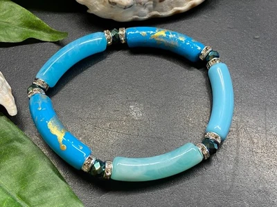 Armband Armreif Gr. M Schlauchperlen elast. Strass Rohrperlen #984-6 - Bild 1 von 2