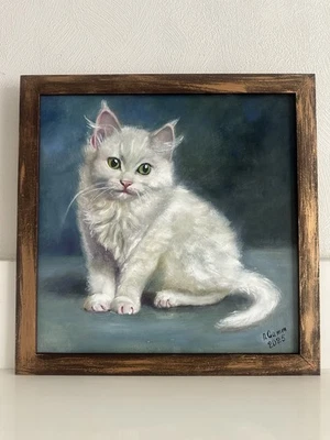 Pintura al óleo original, arte de pared, gato blanco, 35х35 cm, regalo, gatito, retrato de mascota Foto 1 de 4