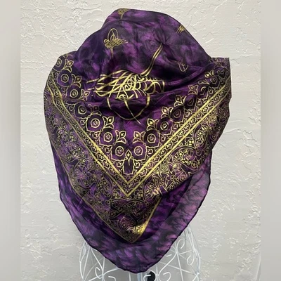 Bufanda vintage 100 % seda hecha a mano oro púrpura 34 X 34 Foto 1 de 4
