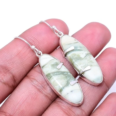 Natural Serpentine 925 Sterling Silver Earring 1.95" E30, Christmas Gift - Image 1 of 4