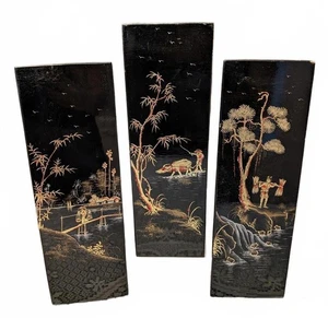 Juego de 3 paneles de pared colgantes vintage asiáticos vietnamitas lacados de madera negra - Imagen 1 de 7