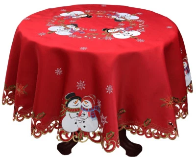 Holiday Christmas Snowman Snowflake Poinsettia Tablecloth With Napkins RED Gold - Image 1 of 4