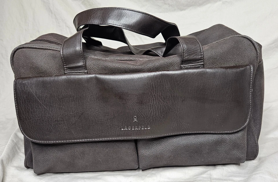 Karl Lagerfeld Duffle Bag Brown Faux Leather Travel Double Top Handles Gym Bag - Image 1 of 4