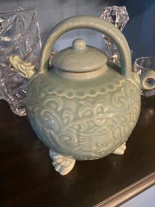Large Celadon Green Asian Dragon Ceramic 3 Legged  Tea Pot With Lid - Picture 1 of 7