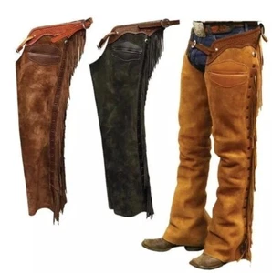 Leather Chaps Men Western Suede Rodeo Mountain Horse Rider Cowboy Fringe Chaps - Picture 1 of 15