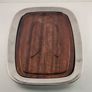 Dolphin Stainless Tray with Teak Cutting Board MCM Japan 17.5" x 12" Cut Marks - Picture 1 of 10