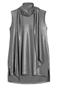 NEXT BLACK Sleeveless Wet look shimmer Coated Top with Scarf neckline - Picture 1 of 5