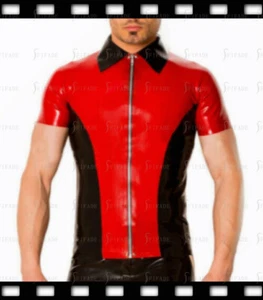 Latex Tops for Men Short Sleeves Front Zip Shirts Collar Customized 0.4MM H61 - Picture 1 of 4