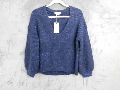 Suéter Boden Mujer 2 Azul Metálico Brillante Manga Globo Lana Cuadrada Cuello en V Foto 1 de 4