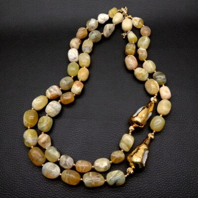2 Strands Natural Yellow Opal White Biwa Pearl Gold Plated Necklace  For Women - Image 1 of 4