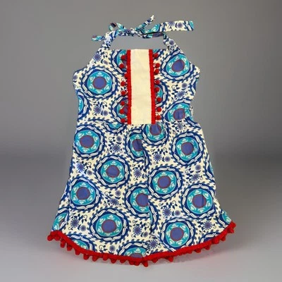 Kelly’s Kids Willow Romper 10-12 Halter Pom Pom Blue White Floral  - Image 1 of 4