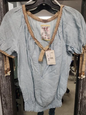 Free People Vtg Banded Bottom Short Sleeve Top Embellished Shells Blue Small NWT - Image 1 of 4