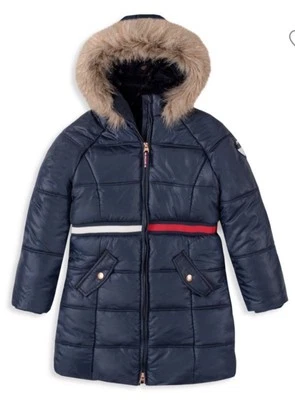 TOMMY HILFIGER Niñas Pequeñas 2T Azul Marino Ribete de Piel Con Capucha Puffer Abrigo Chaqueta Precio de venta sugerido por el fabricante $110 Foto 1 de 4