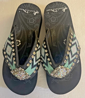 Montana West Wedge Flip Flop Sandals Turquoise Black Aztec Beaded Bling Womens 9 - Image 1 of 4