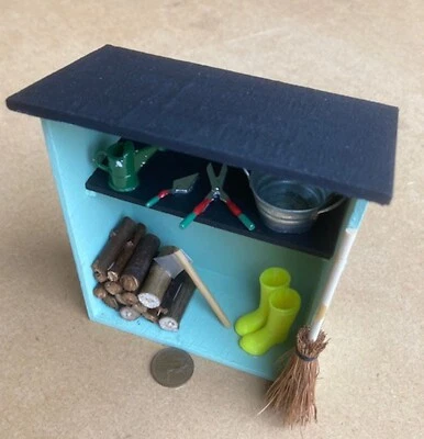 Painted Outside Storage Unit With Logs & Tools 1:12 Scale Dolls House Miniature - Image 1 of 4