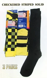 3 Pairs Womens Checkered Solid and Striped Yellow Black Combo Knee High Socks - Picture 1 of 3