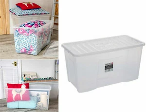110L Extra Large Crystal Plastic Storage Box with Secure Clip on Lid Home Garage - Picture 1 of 12