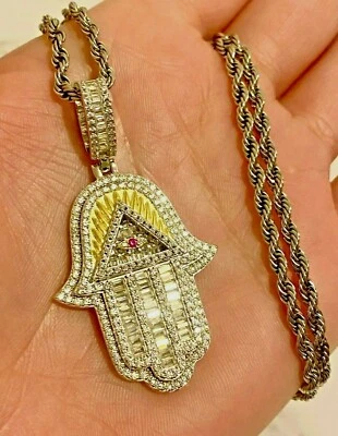 Collar colgante de plata esterlina con mal de ojo dama Hamsa mano de Fátima hecho a mano helado Foto 1 de 4