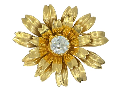 ANTIGUO BROCHE FLOR ORO MACIZO 14K 1 CT DIAMANTE SI1 G PRINCIPIOS 20c 1,25"/10,7 g Foto 1 de 4