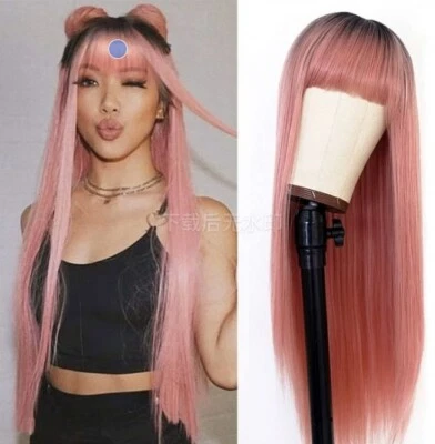 Peluca larga recta rosa ombre con flequillo para mujer moda fiesta pelucas sin encaje Foto 1 de 4
