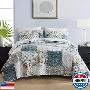 mixinni 100% Cotton Bedspread Quilt Set Queen Size, Bohemian Beige Blue Flora - Picture 1 of 5