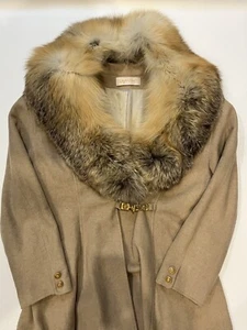 Vintage Lavantino Size 14 Wool & Real Fox Fur Collar Tan Long Coat - Picture 1 of 14