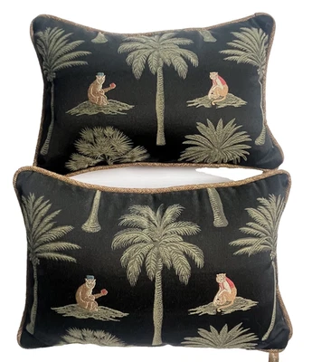 Chinoiserie (2) Pillows Black Embroidered Palm Tree Monkey 17x12 Newport USA - Image 1 of 4