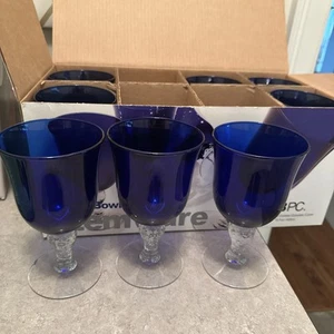 Set of 8 Cobalt Blue Libbey Glass Water Goblet Clear Stem 16 oz Glasses - Picture 1 of 10