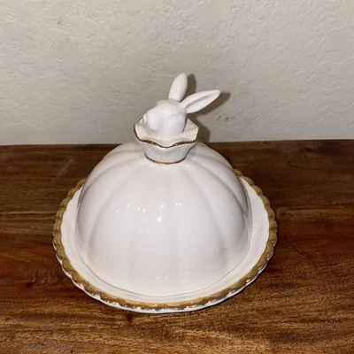 Anthropologie Lapin Regency Philomena Rabbit Butter Dish Elegant Gold Detail - Image 1 of 4