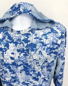 HUK Men's Large Fishing Hoodie Blue Camo Stretch Vented UPF-50 Crew Neck - Picture 1 of 8