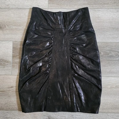 CATHERINE MALANDRINO Black Leather Pencil Knee High Skirt Sz 4 Ruched Y2K Metal - Image 1 of 4