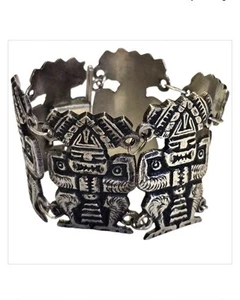 VINTAGE MYAN AZTEC SILVER ARTISAN FIGURE SCULPTURAL LINK BRACELET 72 GRAMS  - Picture 1 of 7
