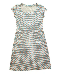 Vestido para mujer J. McLaughlin XS azul naranja geométrico línea A bolsillos elásticos escote - Imagen 1 de 9