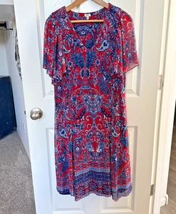 reba paisley flutter sleeve dress large red blue southern charm brunch church - Picture 1 of 7