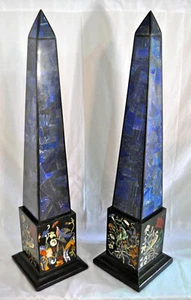 36" two black Marble Obelisk lapis Pietra Dura Inlay home decor room bird arts - Picture 1 of 4
