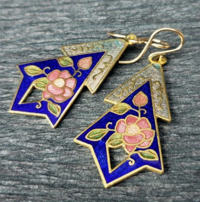 Pendientes Cloisonne Azul Esmalte Flor Rosas Mejorados Alambres Rellenos de Oro Foto 1 de 3