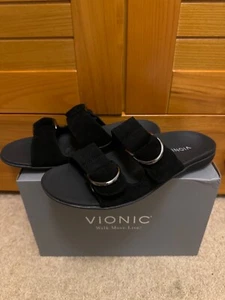 Vionic Corlee Slipper-Sandalen schwarz Wildleder silberne Schnalle, Größe UK 6,5, EU 40, BRANDNEU MIT ETIKETT - Bild 1 von 8