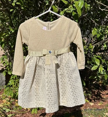 Bonnie Baby Gold Baby Dress Bow Gem Sparkly Girls Size 18 Months Christmas L/S - Image 1 of 4