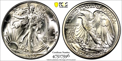 1939 S Walking Liberty 50c Silver Half Dollar PCGS MS 66 PCGS Certified 47527596 - Image 1 of 2