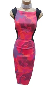 10 UK KAREN MILLEN Stretch Satin Red Lilac Feminine Floral Wiggle Dress - Picture 1 of 5