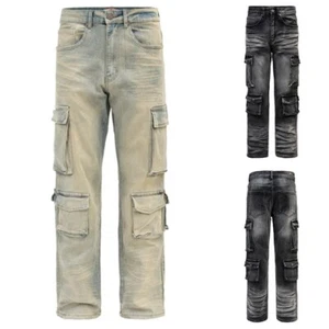 PJ MARK Men's Casual Relaxed Fit Washed Utility Comfortable Cargo Pants D459 - Picture 1 of 9