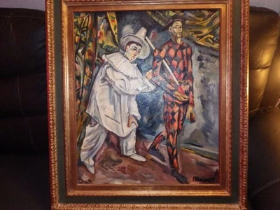 MAGNIFIQUE TOILE DE PEINTURE PIERROT ET ARLEQUIN - Photo 1/4