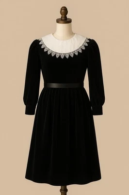 Vestido de Terciopelo Laura Ashley Niñas 11-12 Negro Blanco Cuello de Encaje De Colección Hecho en el Reino Unido Foto 1 de 4