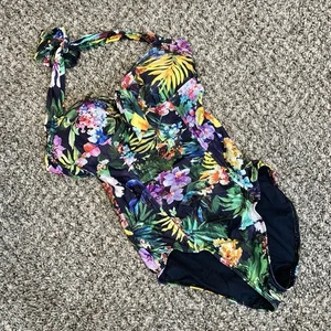 Sea Folly Tropical Floral Rushed Print Halter Neck One Piece Swimsuit 8 Multi - Picture 1 of 14