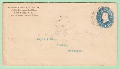 US #U294 1c Blue Envelope New York 1895 to LISBOA PORTUGAL Backstamp COFFEE c/c - Image 1 of 2