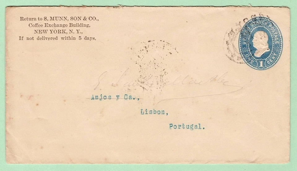 US #U294 1c Blue Envelope New York 1895 to LISBOA PORTUGAL Backstamp COFFEE c/c - Image 1 of 2