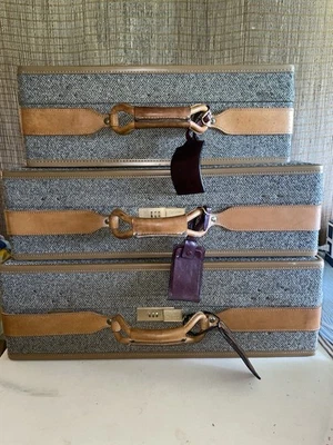 HARTMANN Luggage: Lot of 3 Vintage Tweed & Leather Belting Luggage set - Image 1 of 4